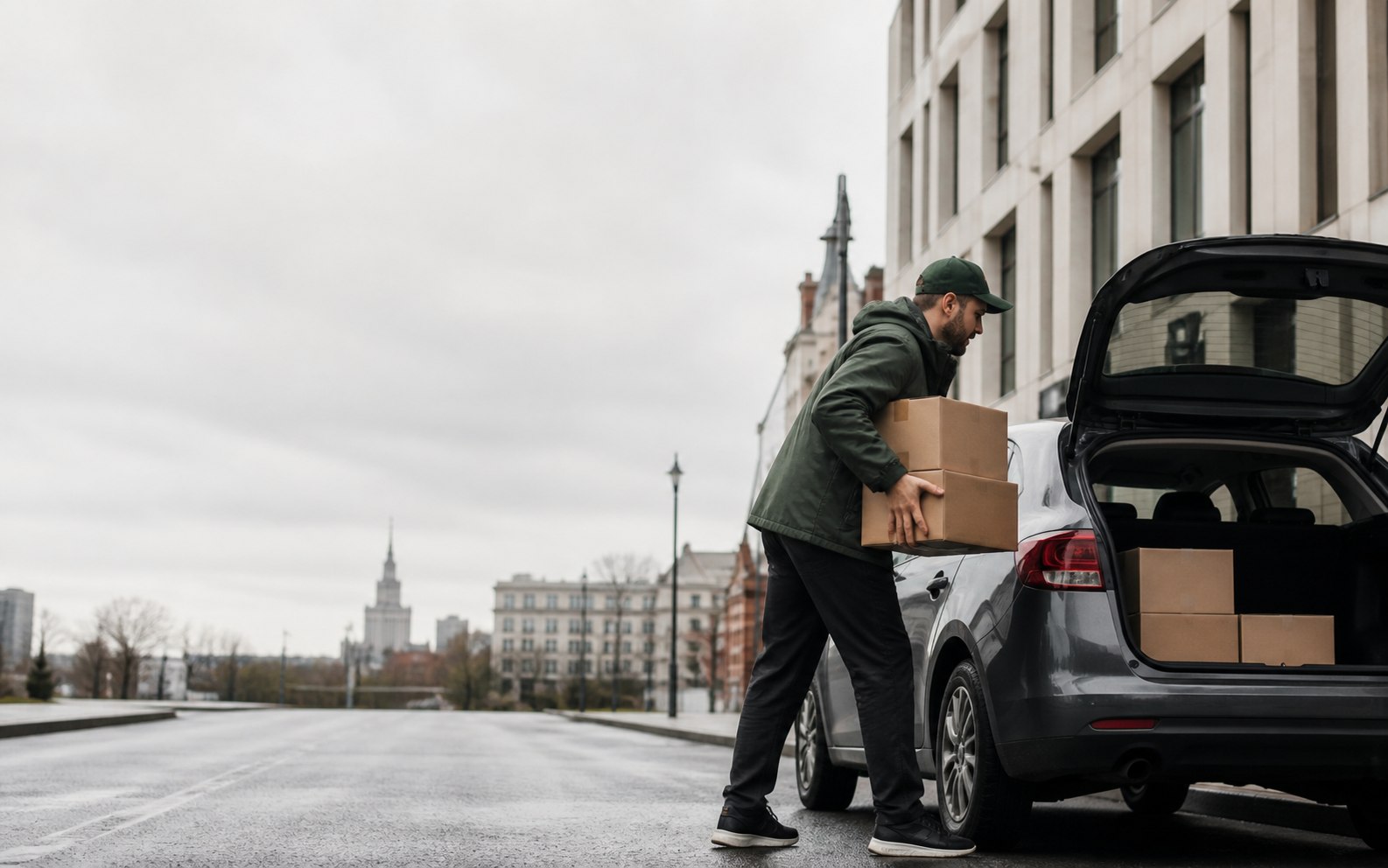 Автокурьер загружает посылки в автомобиль